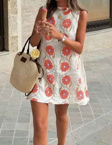 Image of Womens Summer Floral Print Mini Dress Romantic Sleeveless Shift Short Dress Vacation Fairy Dresses