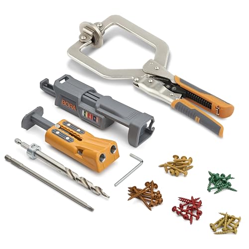 BORA Pro Compact Pocket Hole Jig, 3 inch Face Clamp, & 50pc Screw Set, Auto Adjust Drill Guide, Durable Pocket Hole...
