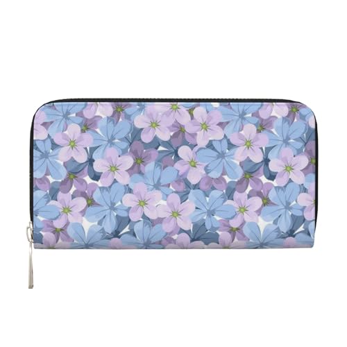 Leather Hand Wallet for Mothers Day Women Card Holder Large Capacity Credit Wallet with Zippering Blue and Purple Flower