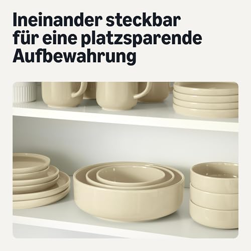 Amazon Basics Glasierte Steingut-Servierschalen, 3-Teiliges Set, Spülmaschinenfest, Elfenbeinfarben
