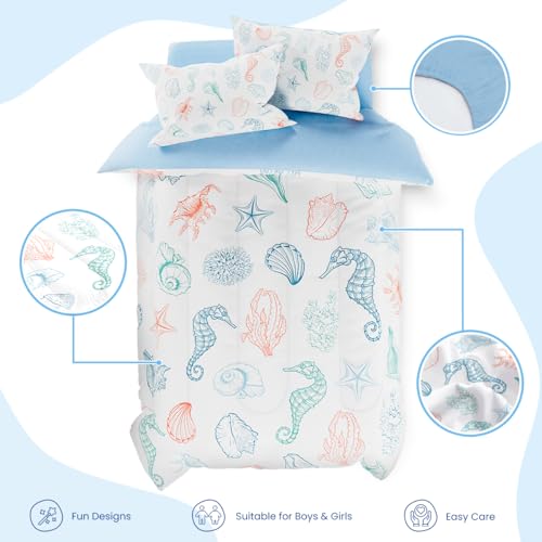 Image of Kids Bedding Set for Girls Boys, Ultra Soft Microfiber Comforter Set Full Size with 4-Pieces, Seashell Ocean Comforters Bed Sets for Kid Children Teen Tween Bedroom Decor