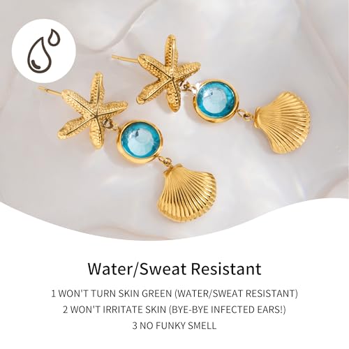 Gold Starfish Earrings 1.55" Summer Beach Jewelry Shell Drop with Blue Crystal, Stainless Steel Non-Tarnish Dangling Seashell Earrings for Women Coastal Accessories3