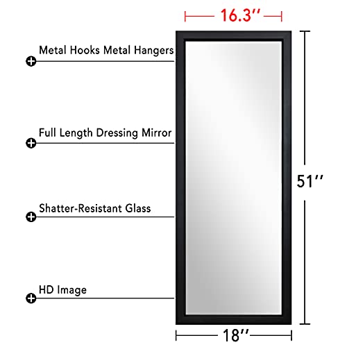 Pexfix Door Mirror Full Length 18"X51" Over The Door Rectangle Sleek Frame Space Saving Floor Mirror Dressing Hanging Wall Mounted Mirror-Black #TOP3