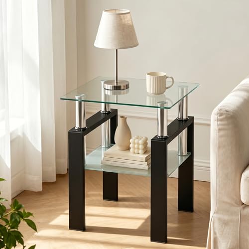 Image of Meihua Glass End Table, Square Glass Side Table, 2-Tier Modern Nightstand with Metal Legs for Living Room&Bedroom (Transparent, 1pc)