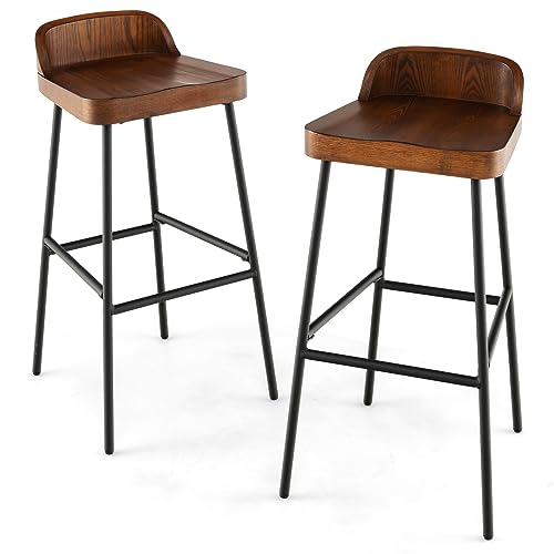 COSTWAY Set of 1/2 Bar Stools, Saddle Seat Stool with Metal Legs, Adjustable Foot Pads & Footrest, Counter Height Dining Chairs for Kitchen Pub Breakfast (with Backrest, 2 Pcs, 42x42x82cm)