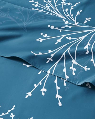 Image of Cal King 4 Piece Floral Sheet Set - Soft, Breathable & Cooling - Sea Spray | 1 Flat, 1 Fitted & 2 Pillowcases w / Deep Pockets, Boho Botanical Floral Bedding, Breathable & Cooling, Wrinkle & Fade Free