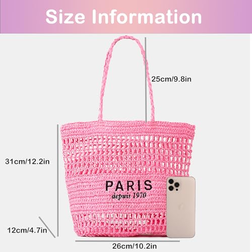 Bolso tote de paja para mujer, bolso de hombro tejido a mano, grande, estilo hobo, ideal para verano, vacaciones y viajes miniatura 3