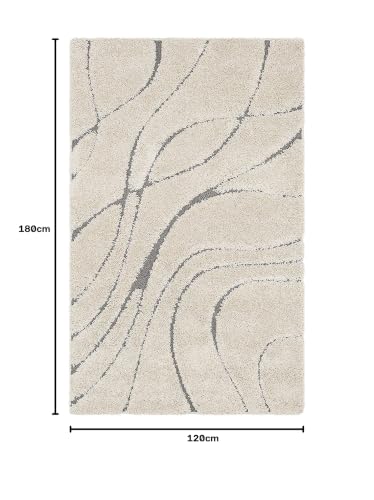 Image of Geometric Wave Shaggy Rectangular Carpet For Living Room,Bedroom,High Low Design Finish Microfiber 1.8 Inch Pile High,4X6 Feet Ivory|Grey Color