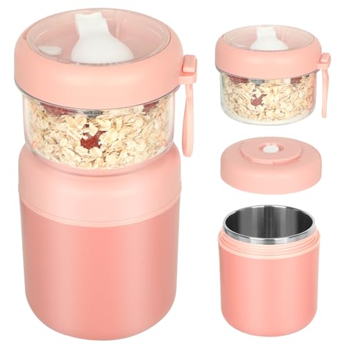 JASTOO Grote roestvrijstalen Müslibecher to Go, yoghurtbeker 530ml+330ml Draagbare lekvrije Müslibecher brooddose ontbijtdose lunchbox mueslibox yoghurt salade rijstbox (Roze)