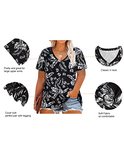 Image of RITERA Women Plus Size Tops Tie Dye V Neck Shirt Floral Camo Summer Short Sleeve Tunic Oversized Ladies Blouse XL-5XL