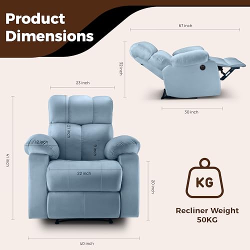 Image of Little NAP Helios Soft Suede Fabric Single Motorized Standard Recliner | Padded 1 Seater Aaram Sofa | Relaxing Chair for Home Office Living Bed Room | Sky Blue