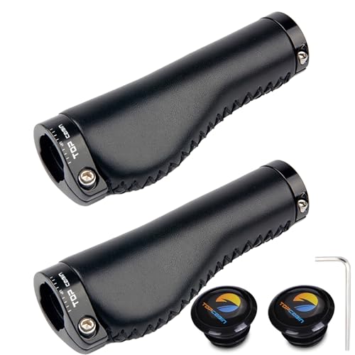 TOPCABIN Bicycles Handlebar Grips, Aluminum Lock-on Ergonomic Bike Grips, Cushion Vibrations Comfort Bike Handlebar Grips, Mountain MTB BMX Bicycles Grips for Scooter (Hand-Sewn ATF Leather(Black))