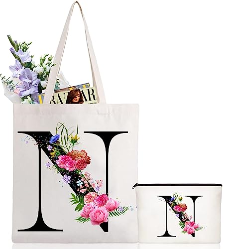 Andeiltech Initial Canvas Tote Bag Floral Letter Personalized Makeup Bag Monogrammed Gift...