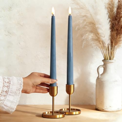 Image of Dusty Blue Flameless Taper Candles with Remote, Flickering Battery LED Candlesticks Home Decor Set of 4