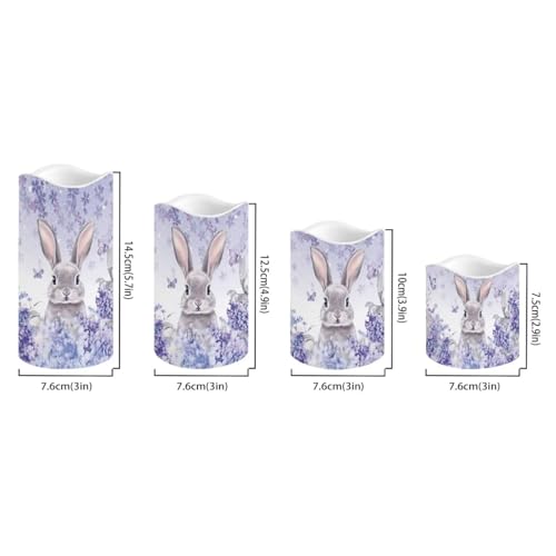 Image of Easter Bunny Purple Floral Plastic Flameless Candles with Remote Control and Timer LED Flickering Battery Electric Pillar Candles for Table Easter Decoration