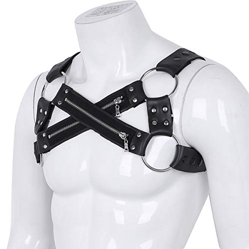 iiniim Mens Faux Leather Body Chest Harness Zipper Muscle Costume Belt with Metal O Rings Black2
