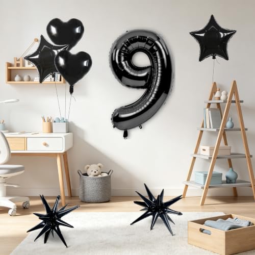 Image of TONIFUL 9th Birthday Balloons Kit 40 Inch Black Large Number 9 Foil Balloon | with 18Inch Helium Mylar Heart Star Balloons for Kids Women Men Birthday Anniversary Graduation New Year Eve Party Decoration