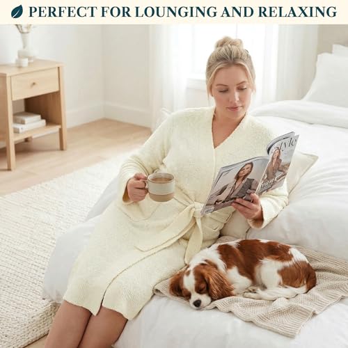 Image of PAVILIA Premium Plush Robe for Women, Soft Cozy Fuzzy Bathrobe with Pockets, Warm Mid-Length Lounge Robe with Tie Belt
