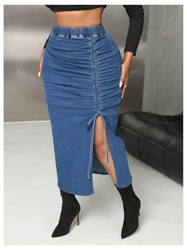 MakeMeChic Women's Plus Size Denim Skirt Elastic Waist Drawstring Ruched Split Hem Vintage Midi Jean Skirts4