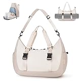 WOOMADA Travel Duffel Bag with Shoes Compartment, Fit Gym Bag with Wet Pocket & Trolley Sleeve, Weekender Bags for Women(Beige&Khaki)