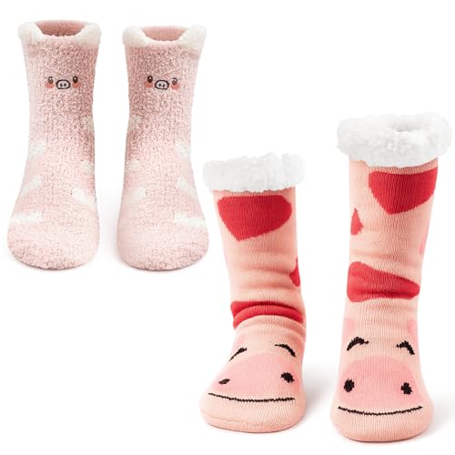 Image of Liitrsh 2 Pairs Fuzzy Slipper Socks with Grippers Animal Sock Sherpa Lining Warm Plush Animal Lover Gift for Valentine's Day