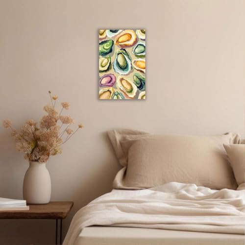 Image of Colorful Beachy Shell Canvas Wall Art Funny Coastal Oyster Shell Poster Abstract Summer Seaside Beach House Prints Painting For Home Living Room Kitchen Restaurant Wall Decor 24x36in Framed