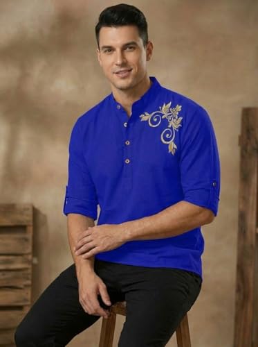 Image of DEEMOON Men's Full Sleeve Short Kurta Shirt with a Trendy Mandarin Collar Crafted from a Premium Cotton Blend for Comfort Ideal for Casual and Semi-Formal Occasions