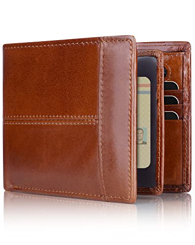 Image of Swallowmall Wallet for Men RFID Blocking Genuine Leather Mens Wallets Bifold with 1 ID Window 15 Card Slots redbrown