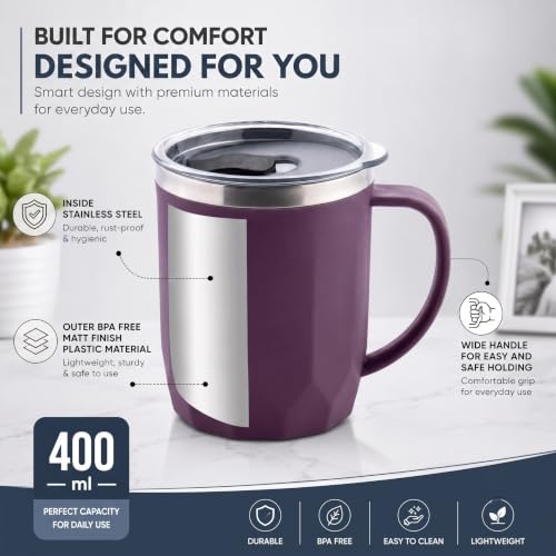Image of MAGIC SPOON Stainless Steel Travel Coffee Mug with Sipper Lid & Handle, Insulated Tea Cup, BPA-Free Double Wall Tumbler for Hot-Cold Beverages, Office, Home, Car, Travel- Purple, (400ml X 1 Pack)