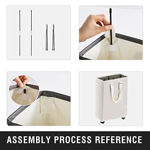 Slim Rolling Laundry Basket, Slim Laundry Hamper With Wheels And Adjustable Long Handles, 45L Small Laundry Baskets With Mesh Top, Narrow Dirty Clothes Hamper For Bedroom, Closet, And Bathroom - Beige #TOP5