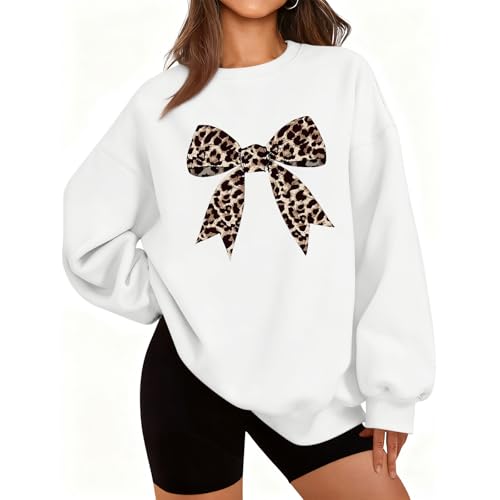 Weripoah Bow Sweatshirt for Women Leopard Print Cute Sweatshirts Graphic Preppy Pullover Trendy Casual Crewneck Clothes(White M)