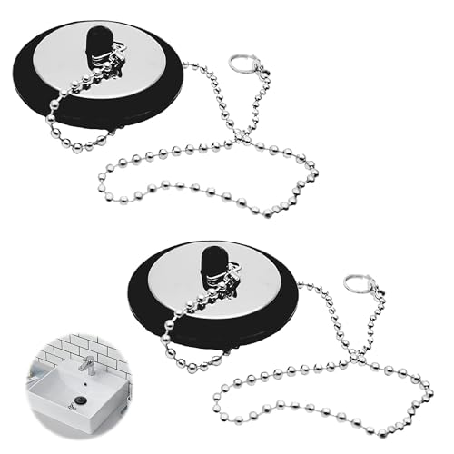 Universal Sink Plug, Black Rubber,Kitchen & Bathroom Sink Plug Replacement,Chrome Sink Plug with Chain for Kitchen or Bath - 43mm with Ball Type Shaped Chain Made of Stainless Steel 400mm (2pcs)