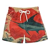 Selerdon Quick Dry Swim Trunks Swordfish Red Sun City for Boy Kids Summer Fashion Beach Shorts with Adjustable Waist and Side Pocket for Daily Wear Outdoor Play XS
