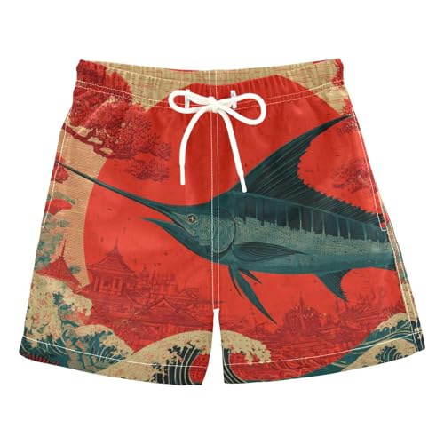 Selerdon Quick Dry Swim Trunks Swordfish Red Sun City for Boy Kids Summer Fashion Beach Shorts with Adjustable Waist and Side Pocket for Daily Wear Outdoor Play XS