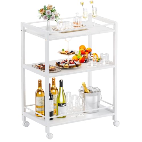 HITNET Carrito de Bar Blanco, Carrito de Servicio, Carrito de Cocina de 3 Niveles con Ruedas y Almacenamiento, Carrito de Bebidas Alcohólicas para Comedor Sala de Estar