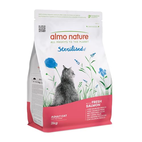 Almo Nature Sterilised - Croquettes pour Chat Stérilisé au Saumon Frais - À Faible Teneur en Magnésium et avec des Fibres pour Le Contrôle du Poids - Sac de 2kg