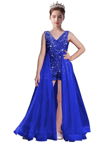 Jumpsuits Pageant Dress for Girls V Neck Sequin Ball Gowns Toddler Performance Short Tulle Flower Girl Dress