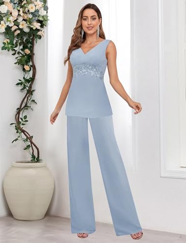 3 Pieces Mother of The Bride Pant Suits for Women Dressy with Long Jacket Chiffon Lace Sparkly Wedding Formal Outfit4