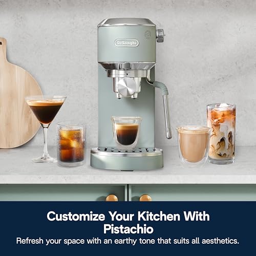 Image of De'Longhi Dedica Duo Cold Brew Espresso Machine with Milk Frother, 15 Bar Pressure, Original Italian Barista Style Coffee Maker, Make Espresso, Latte, Cappuccino & Ice Coffee, Pistachio Green, EC890GR