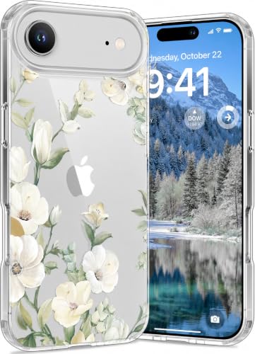 Image of Elzzi Compatible with iPhone 17 Air Case, Clear Transparent Floral Back Cover, Shockproof PC+TPU Protective Case, Wireless Charging Support, Green