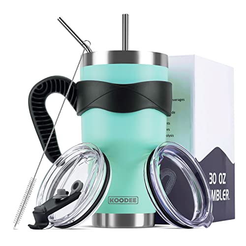 koodee 30 oz Tumbler Stainless Steel Insulated Coffee Travel Mug with Handle,2 Lids 2 Straws, Pipe Brush,Handle (30 oz, Teal)