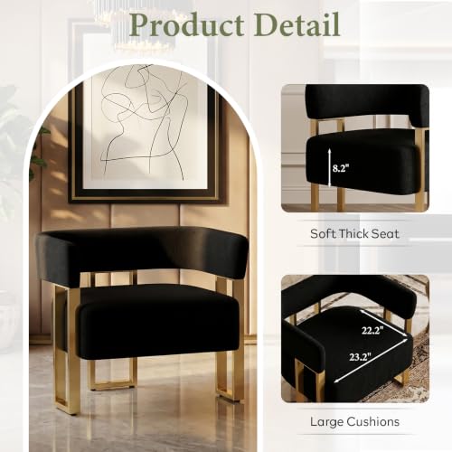 Image of Black and Gold Accent Chairs Set of 2, Boucle Barrel Chairs for Living Room | STHOUYN Boucle Upholstery, Curved Bucket Design, Bedroom Chair, Gold-Tone Base, Armchairs for Office, Small Space Seating