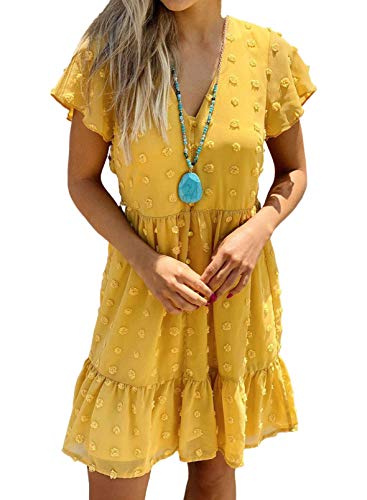 Dokotoo Womens Casual Summer Birthday Spring Swiss Dot Ruffle Elegant Flare Short Sleeve Tie Waist Cute Chiffon Boho Brach Tunic Swing A Line Mini Short Dresses for Women 2021 Black Large