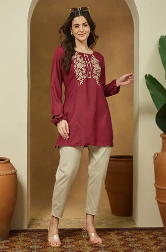 Image of Janasya Women's Maroon Rayon Embroidered Straight Short Kurti