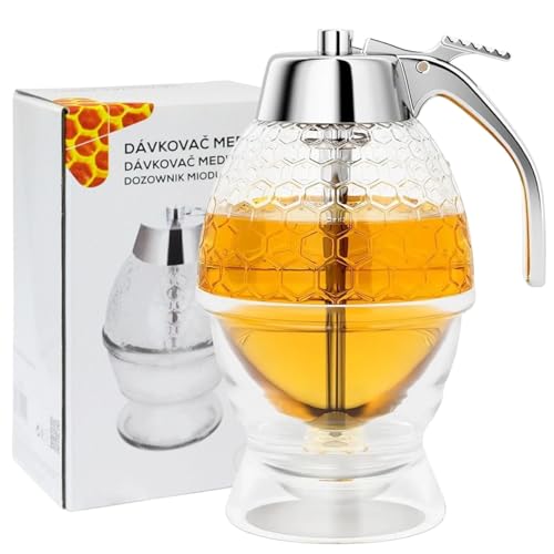 Home Markt24 Distributeur de miel 200 ml - Distributeur de sirop et de chocolat avec poignée - Verre à miel anti-goutte pour thé, crêpes, desserts - Plastique transparent avec support