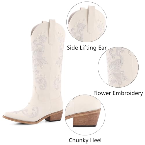 FancyQueen Western Cowboy Boots for Women, Knee High Cowgirl Boots with Classic Embroidered Slip On Chunky Heel Boot for Girls Ladies2
