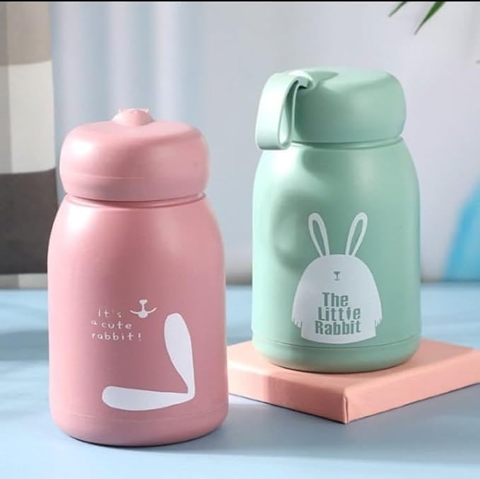 Rabbit Bottle and Travel Bottle for Kids, Girls & Boys 330ml Double-Walled, Office, School, Picnic Mini Water Bottle Small Glass, Vacuum Insulated Leakproof(Pack of 2)