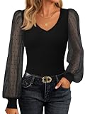 ZESICA Women's Mesh Long Sleeve Shirts Fall Trendy V Neck Ribbed Knit Dressy Casual Work Blouses Going Out Tops Date Outfits, Black, L