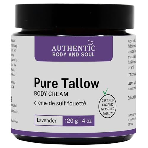 Certified Organic Beef Tallow with Organic Lavender for Sensitive Skin Cream. Delivers Intense Hydration for All Skin Types, Certified Grass-Fed by AGW, by Authentic Body And Soul (Lavender-4oz)