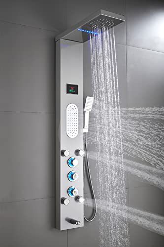 Image of ELLO&ALLO LED Shower Panel Tower System, Rainfall and Mist Head Rain Massage Stainless Steel Shower Fixtures with Adjustable Body Jets, Brushed Nickel